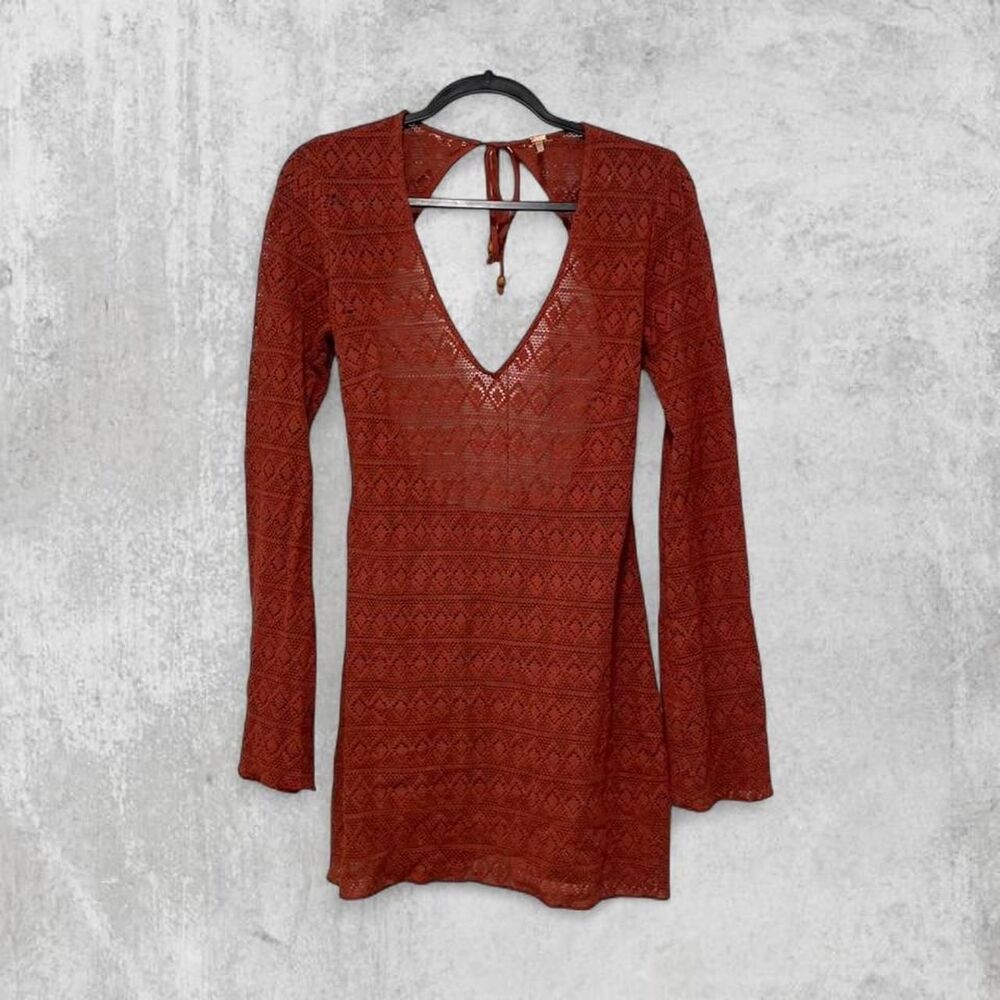 Free People Boho Crochet Mini Dress Bell Sleeve Open Back Terracotta Size S